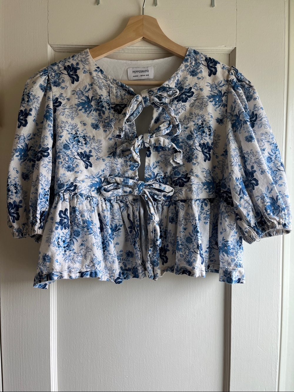 Peppermayo White and Blue Floral Tie-Front Peplum Top